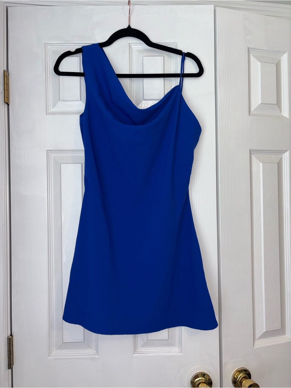 Impressions One-Shoulder Cowl Mini Dress in Bold Blue